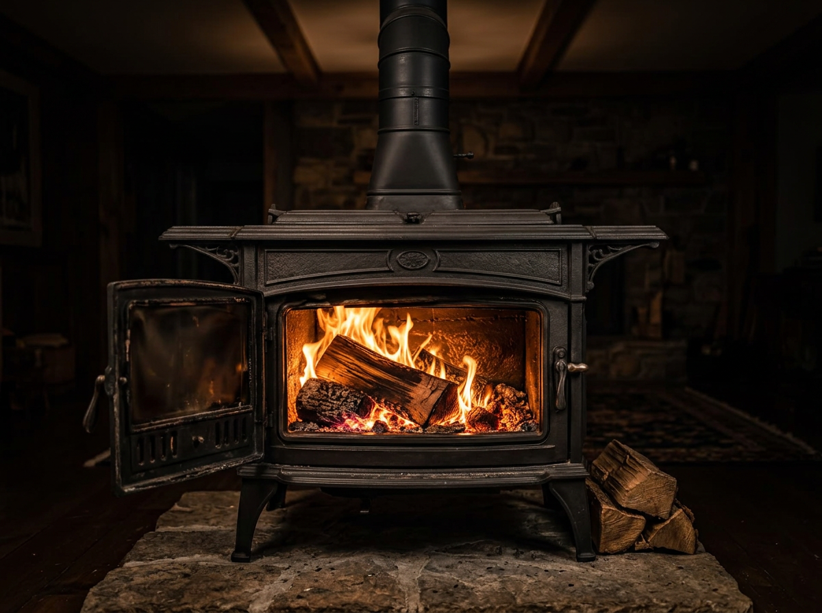 Full cast-iron wood-burning stove with the door open and logs burning cleanly inside, on a stone hearth in a foothill home